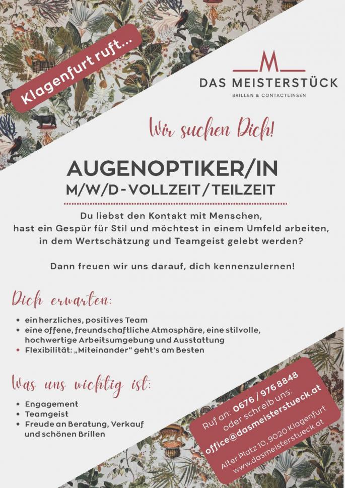 Das Meisterstück sucht einen Augenoptiker/in in Klagenfurt in Teil- oder Vollzeit