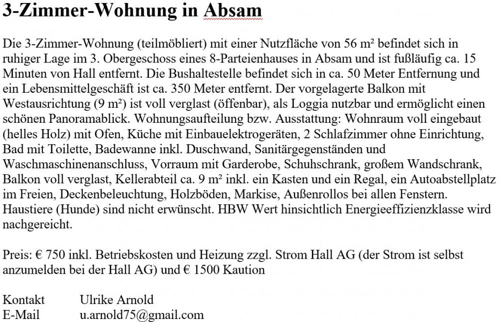 Wohnungsinserat 3-Zimmer-Wohnung in Absam