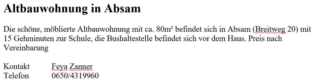 Wohnungsinserat Altbauwohnung in Absam