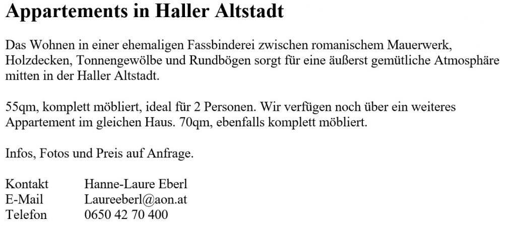 Wohnungsinserat Appartements in Haller Altstadt