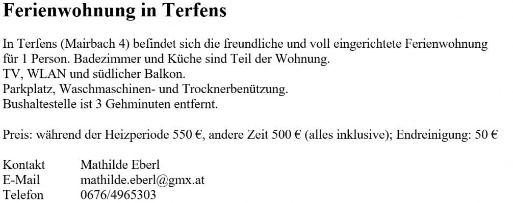 Wohnungsinserat Ferienwohnung in Terfens