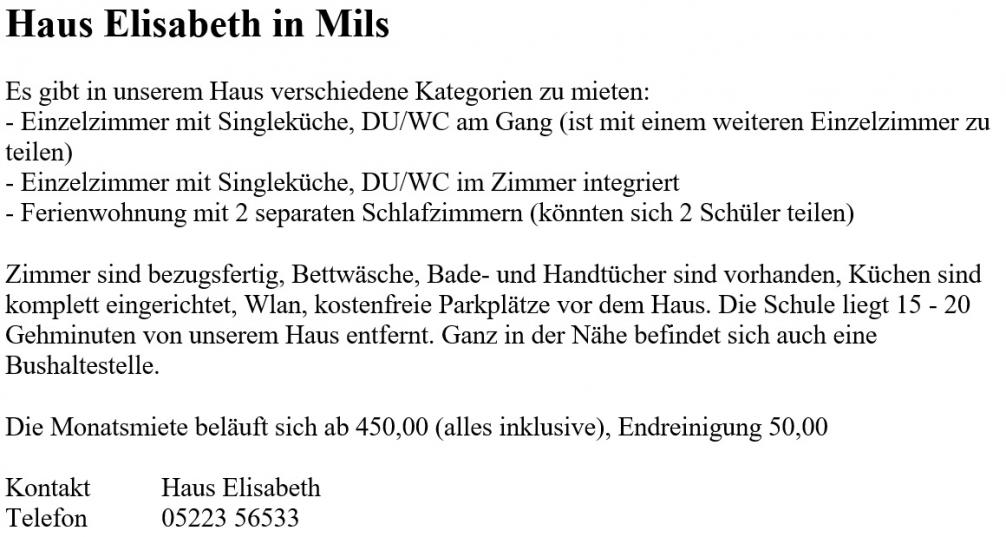Wohnungsinserat Haus Elisabeth in Mils