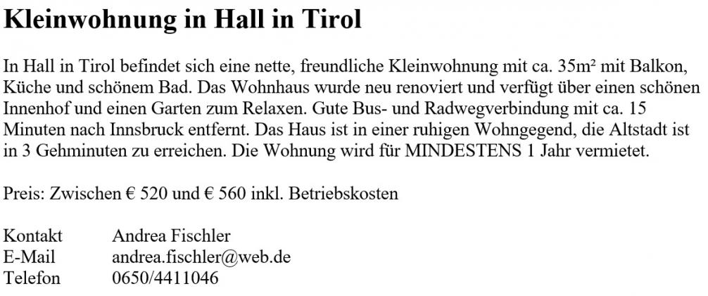 Wohnungsinserat Kleinwohnung in Hall in Tirol