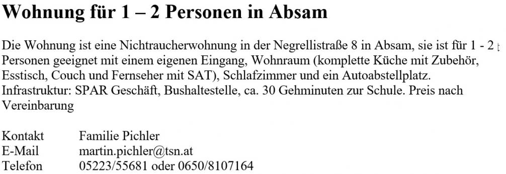 Wohnungsinserat Wohnung für 1-2 Personen in Absam