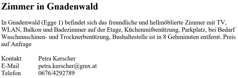 Wohnungsinserat Zimmer in Gnadenwald
